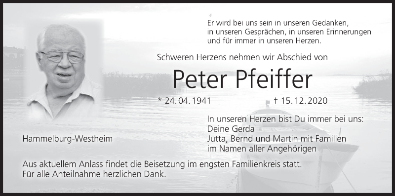  Traueranzeige für Peter Pfeiffer vom 18.12.2020 aus MGO