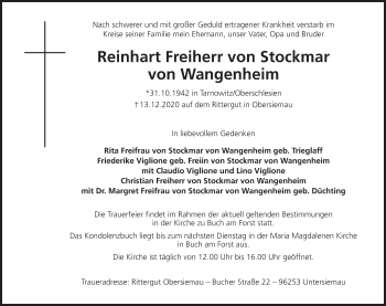 Anzeige von Reinhart Freiherr von Stockmar von Wangenheim von MGO