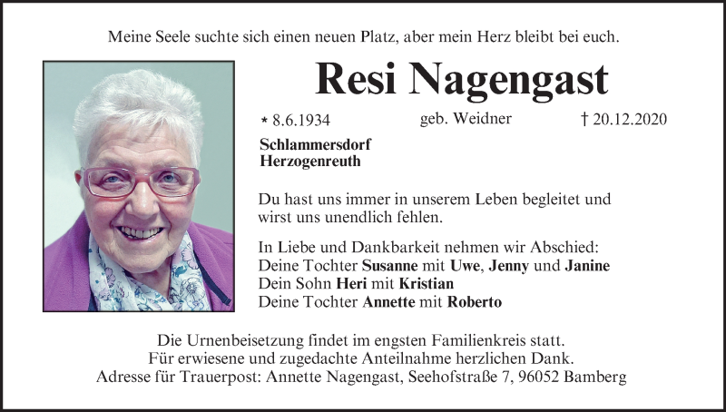  Traueranzeige für Resi Nagengast vom 24.12.2020 aus MGO