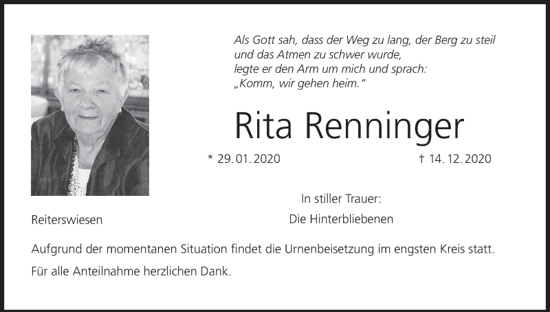  Traueranzeige für Rita Renninger vom 19.12.2020 aus MGO