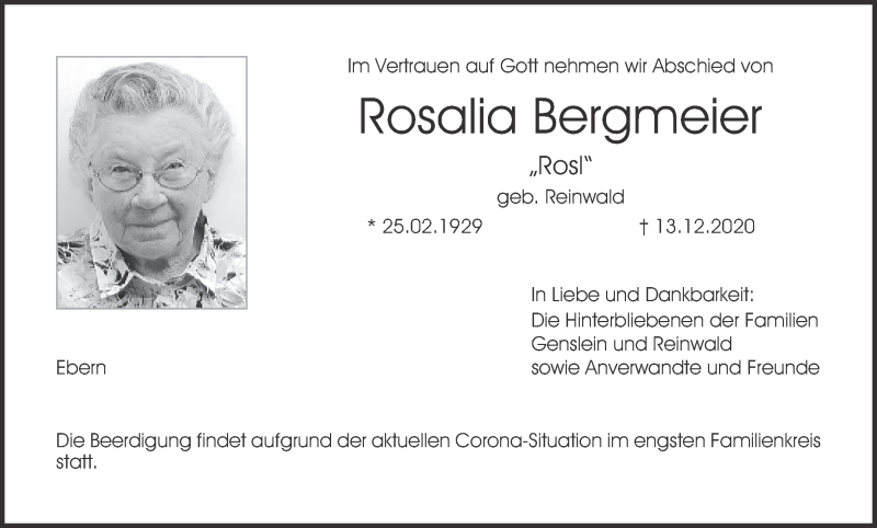  Traueranzeige für Rosalia Bergmeier vom 19.12.2020 aus MGO