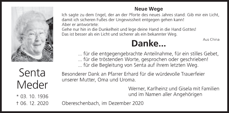  Traueranzeige für Senta Meder vom 28.12.2020 aus MGO