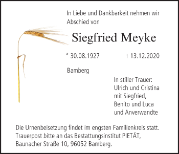 Anzeige von Siegfried Meyke von MGO