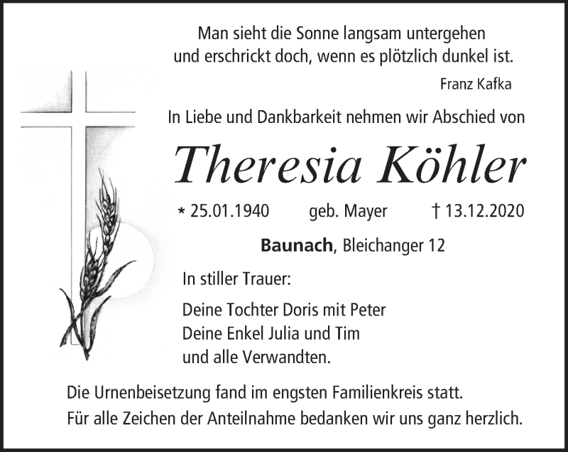  Traueranzeige für Theresia Köhler vom 19.12.2020 aus MGO