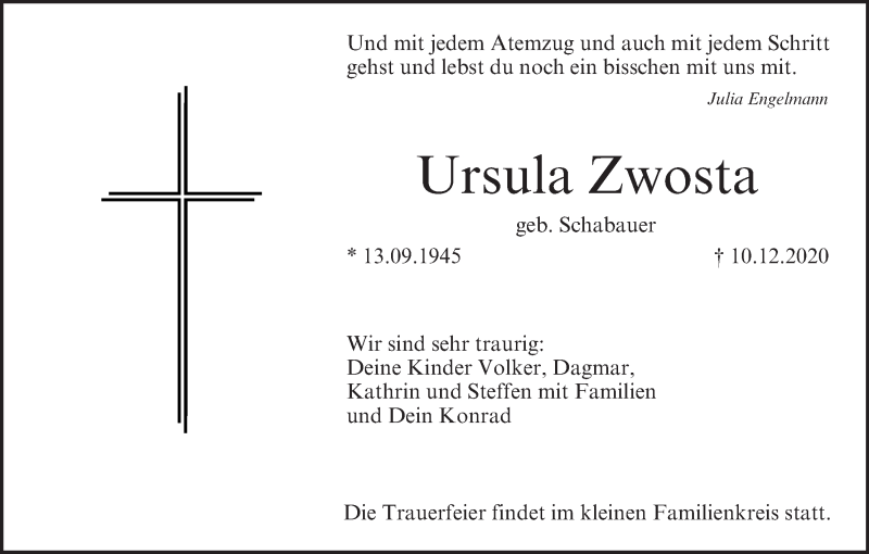  Traueranzeige für Ursula Zwosta vom 12.12.2020 aus MGO