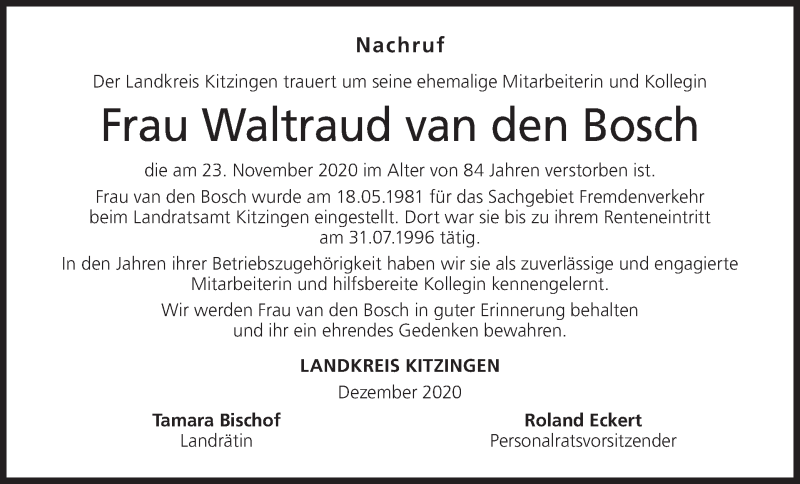  Traueranzeige für Waltraud van den Bosch vom 12.12.2020 aus MGO