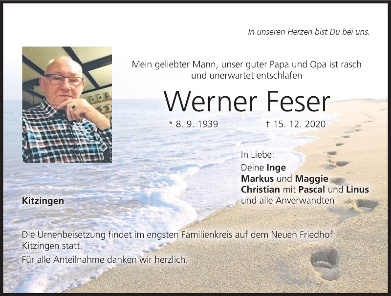  Traueranzeige für Werner Feser vom 19.12.2020 aus MGO