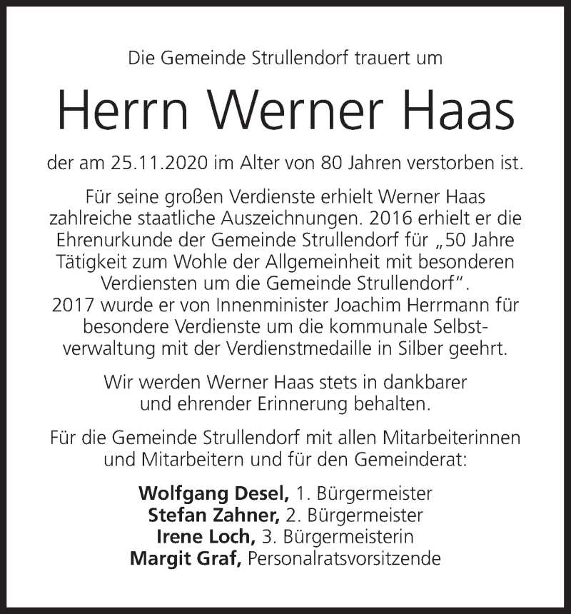  Traueranzeige für Werner Haas vom 02.12.2020 aus MGO