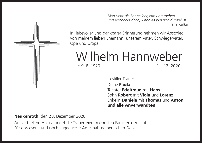  Traueranzeige für Wilhelm Hannweber vom 28.12.2020 aus MGO