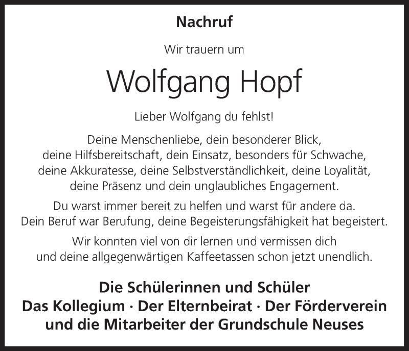  Traueranzeige für Wolfgang Hopf vom 05.12.2020 aus MGO