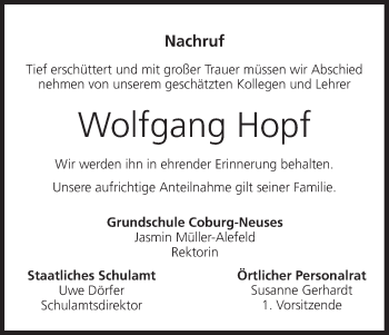 Anzeige von Wolfgang Hopf von MGO