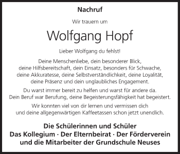 Anzeige von Wolfgang Hopf von MGO