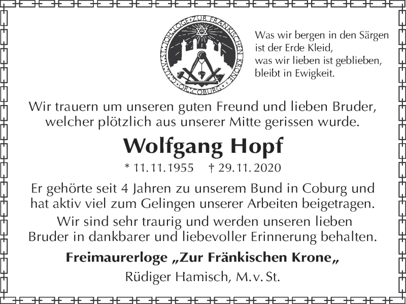  Traueranzeige für Wolfgang Hopf vom 05.12.2020 aus MGO
