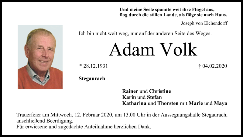  Traueranzeige für Adam Volk vom 08.02.2020 aus MGO
