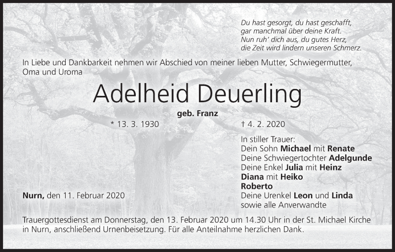  Traueranzeige für Adelheid Deuerling vom 11.02.2020 aus MGO
