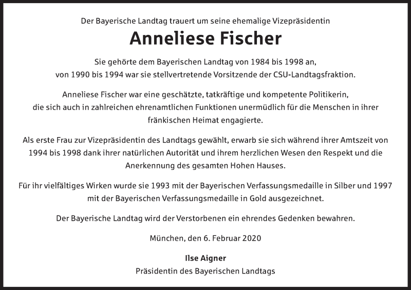  Traueranzeige für Anneliese Fischer vom 07.02.2020 aus MGO