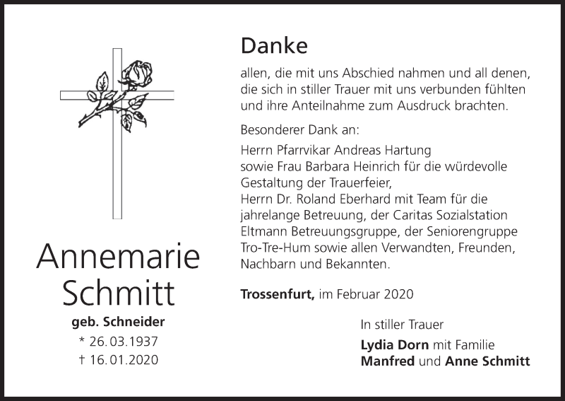  Traueranzeige für Annemarie Schmitt vom 08.02.2020 aus MGO