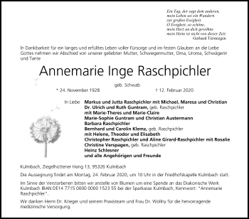 Anzeige von Annemarie Inge Raschpichler von MGO