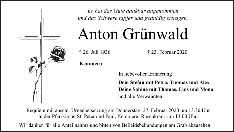  Traueranzeige für Anton Grünwald vom 25.02.2020 aus MGO
