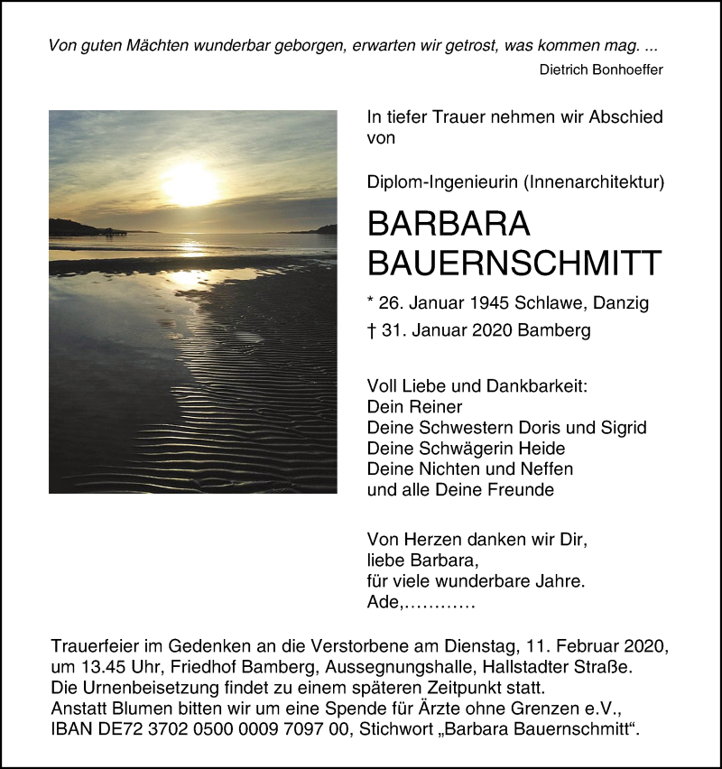  Traueranzeige für Barbara Bauernschmitt vom 08.02.2020 aus MGO