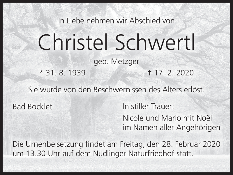  Traueranzeige für Christel Schwertl vom 22.02.2020 aus MGO