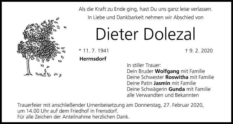  Traueranzeige für Dieter Dolezal vom 22.02.2020 aus MGO