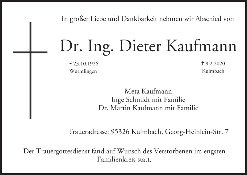  Traueranzeige für Dieter Kaufmann vom 22.02.2020 aus MGO