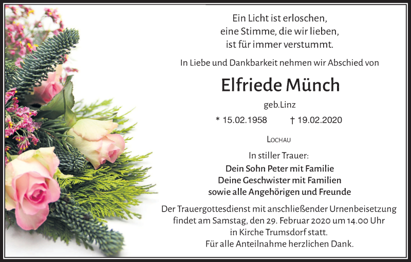  Traueranzeige für Elfriede Münch vom 26.02.2020 aus MGO