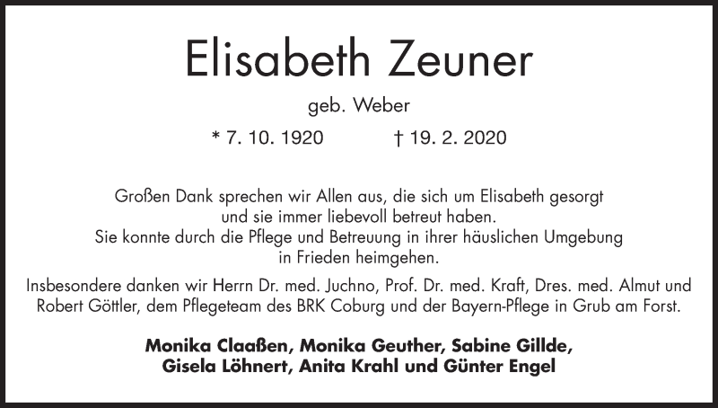  Traueranzeige für Elisabeth Zeuner vom 22.02.2020 aus MGO