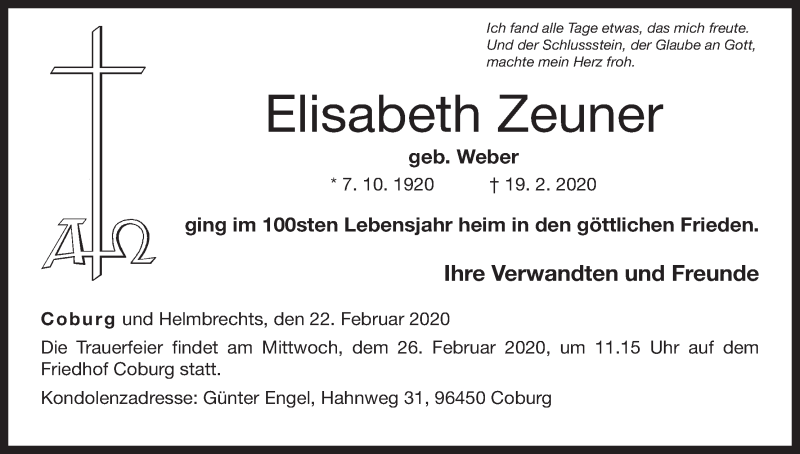  Traueranzeige für Elisabeth Zeuner vom 22.02.2020 aus MGO