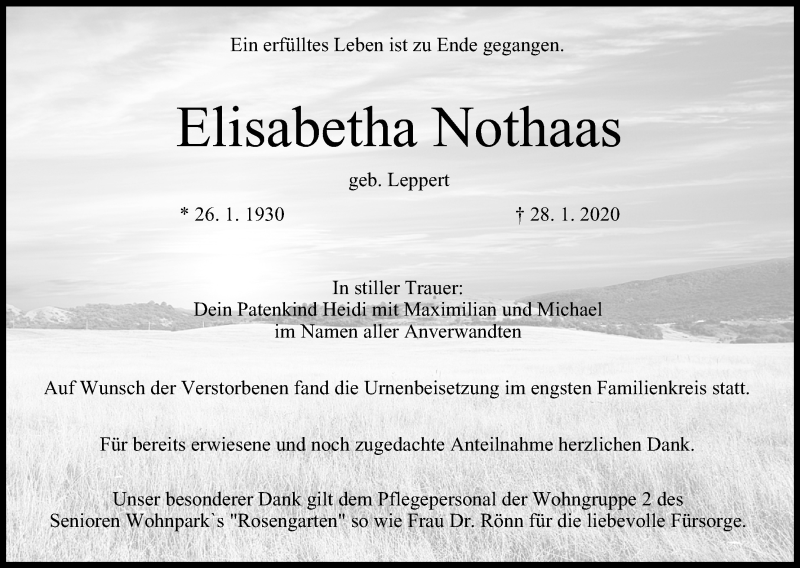  Traueranzeige für Elisabetha Nothaas vom 22.02.2020 aus MGO