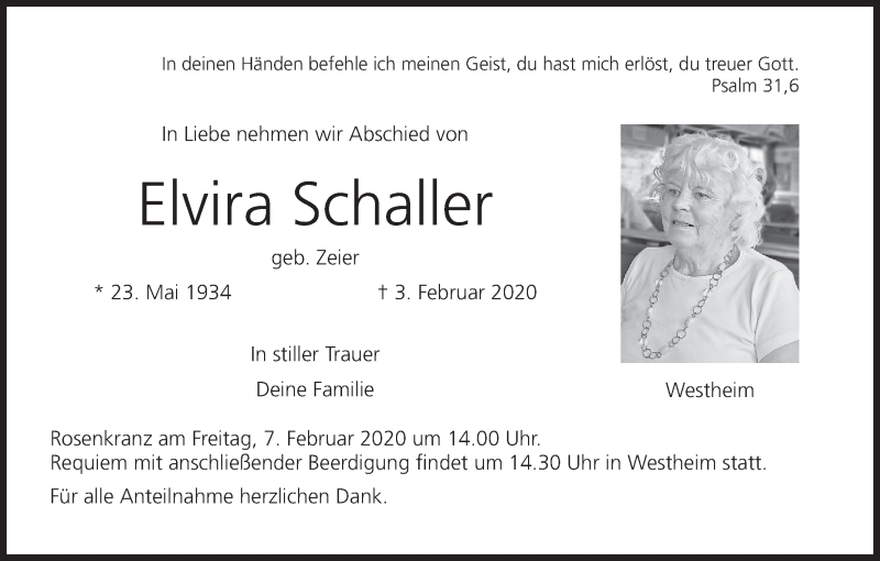  Traueranzeige für Elvira Schaller vom 06.02.2020 aus MGO