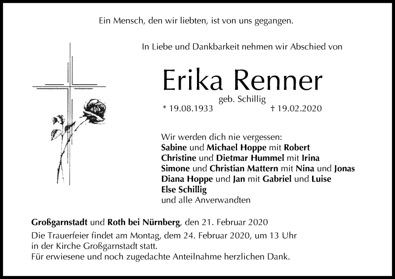  Traueranzeige für Erika Renner vom 21.02.2020 aus MGO
