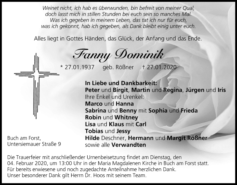  Traueranzeige für Fanny Dominik vom 01.02.2020 aus MGO