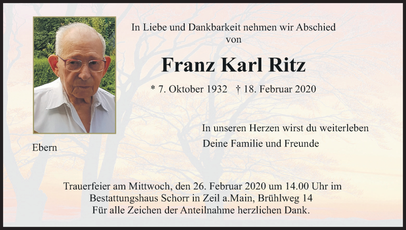  Traueranzeige für Franz Karl Ritz vom 22.02.2020 aus MGO