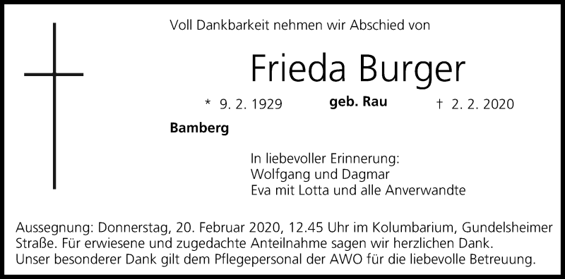  Traueranzeige für Frieda Burger vom 15.02.2020 aus MGO