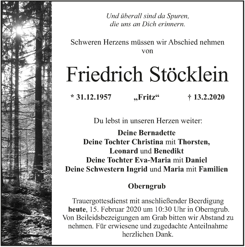  Traueranzeige für Friedrich Stöcklein vom 15.02.2020 aus MGO