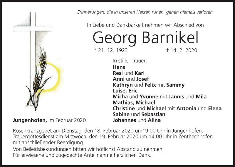  Traueranzeige für Georg Barnikel vom 17.02.2020 aus MGO