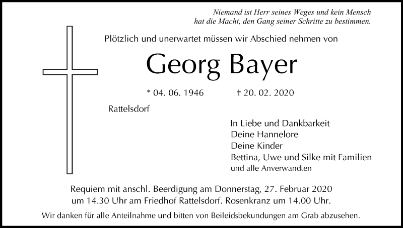  Traueranzeige für Georg Bayer vom 26.02.2020 aus MGO