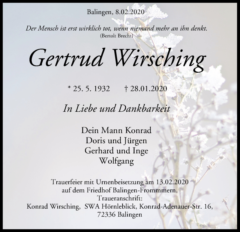  Traueranzeige für Gertrud Wirsching vom 08.02.2020 aus MGO