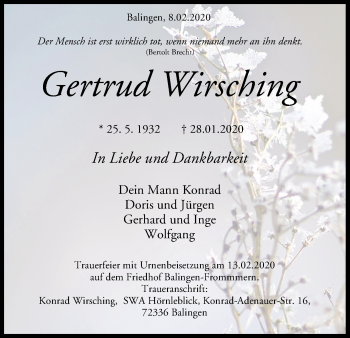 Anzeige von Gertrud Wirsching von MGO
