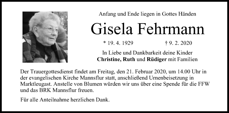 Traueranzeige für Gisela Fehrmann vom 18.02.2020 aus MGO