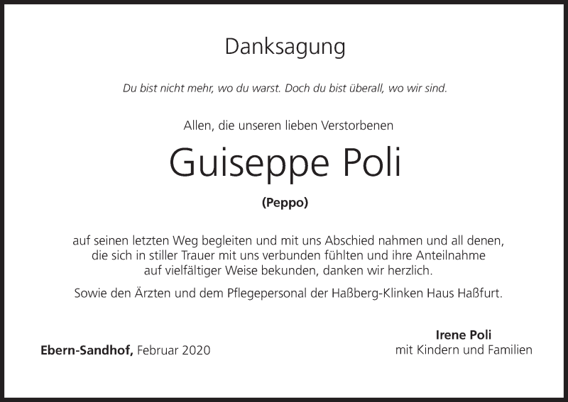  Traueranzeige für Guiseppe Poli vom 06.02.2020 aus MGO