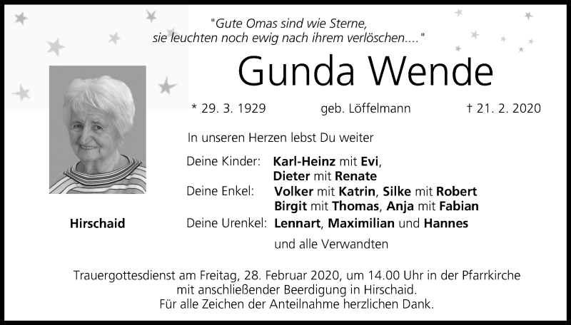  Traueranzeige für Gunda Wende vom 26.02.2020 aus MGO