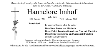 Anzeige von Hannelore Imhof von MGO
