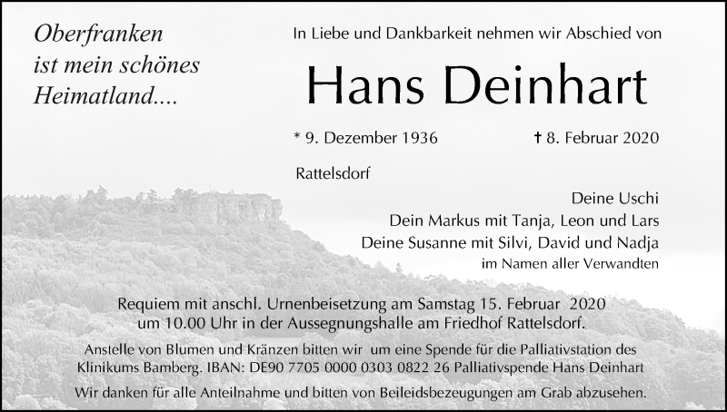 Traueranzeige für Hans Deinhart vom 12.02.2020 aus MGO