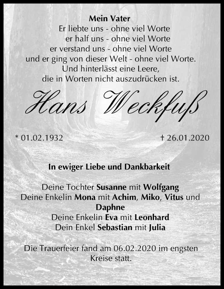  Traueranzeige für Hans Weckfuß vom 15.02.2020 aus MGO