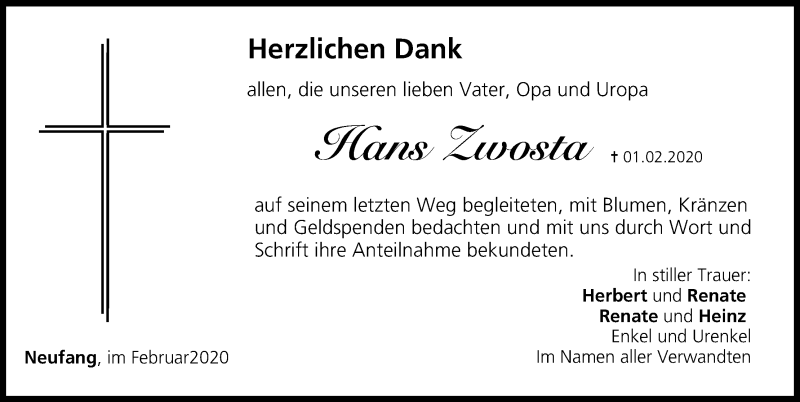  Traueranzeige für Hans Zwosta vom 22.02.2020 aus MGO