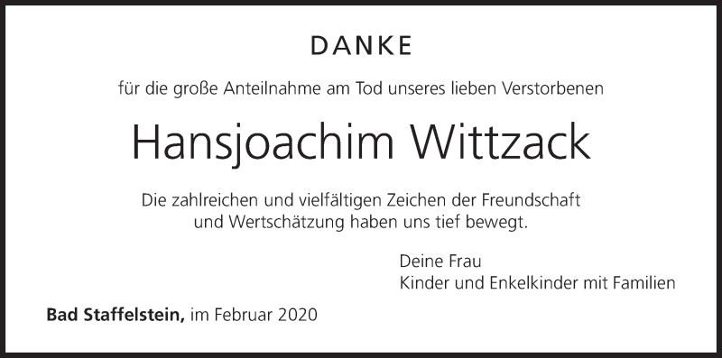  Traueranzeige für Hansjoachim Wittzack vom 22.02.2020 aus MGO