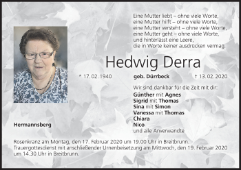 Anzeige von Hedwig Derra von MGO